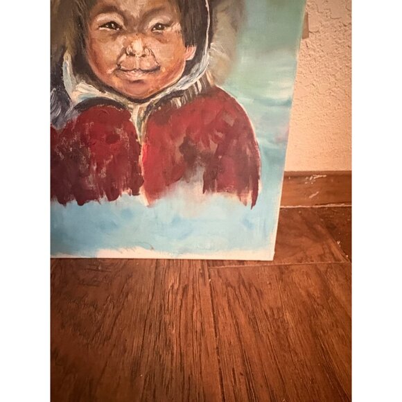 Vintage portrait of Inuit Child Oil Painting Canvas Art blue red 16x12" READ - Picture 5 of 9